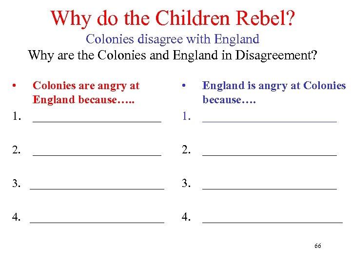 Why do the Children Rebel? Colonies disagree with England Why are the Colonies and