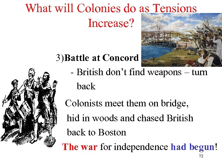 What will Colonies do as Tensions Increase? 3)Battle at Concord - British don’t find