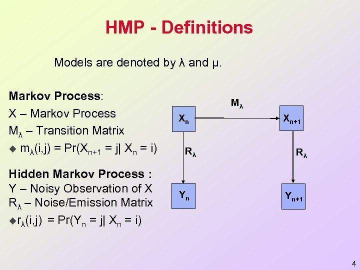 HMP - Definitions Models are denoted by λ and µ. Markov Process: X –