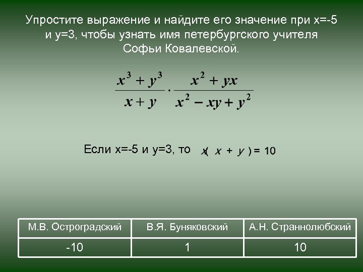 Упростите выражение и найдите его значение при х=-5 и у=3, чтобы узнать имя петербургского