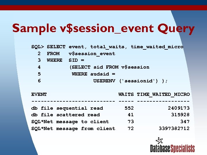Sample v$session_event Query SQL> SELECT event, total_waits, time_waited_micro 2 FROM v$session_event 3 WHERE SID