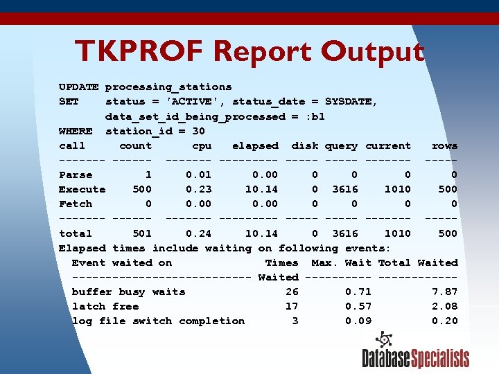 TKPROF Report Output UPDATE processing_stations SET status = 'ACTIVE', status_date = SYSDATE, data_set_id_being_processed =