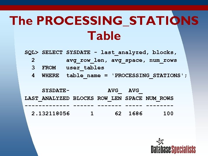 The PROCESSING_STATIONS Table SQL> SELECT SYSDATE - last_analyzed, blocks, 2 avg_row_len, avg_space, num_rows 3