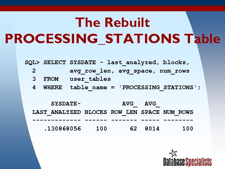 The Rebuilt PROCESSING_STATIONS Table SQL> SELECT SYSDATE - last_analyzed, blocks, 2 avg_row_len, avg_space, num_rows