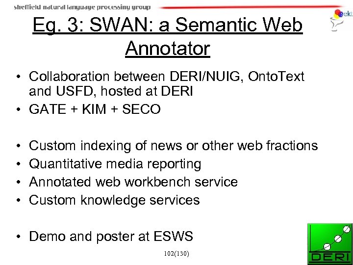Eg. 3: SWAN: a Semantic Web Annotator • Collaboration between DERI/NUIG, Onto. Text and