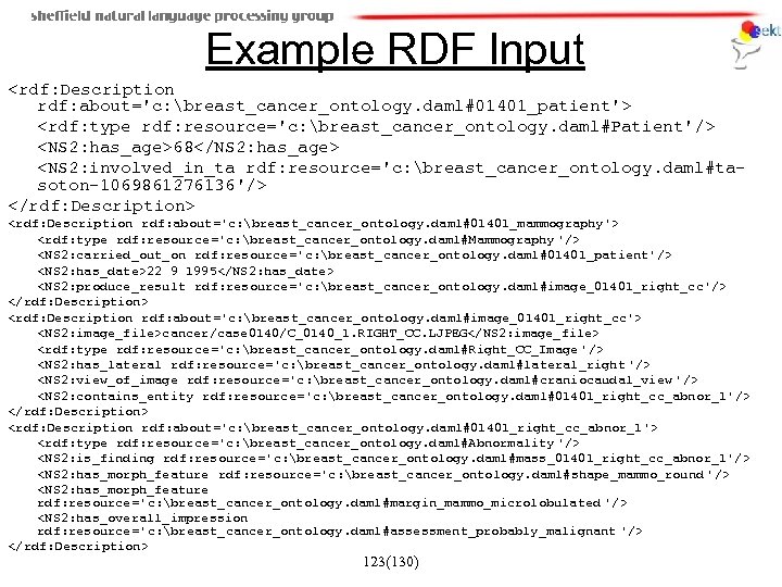 Example RDF Input <rdf: Description rdf: about='c: breast_cancer_ontology. daml#01401_patient'> <rdf: type rdf: resource='c: breast_cancer_ontology.