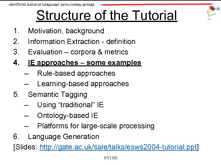 Structure of the Tutorial 1. 2. 3. 4. Motivation, background Information Extraction - definition
