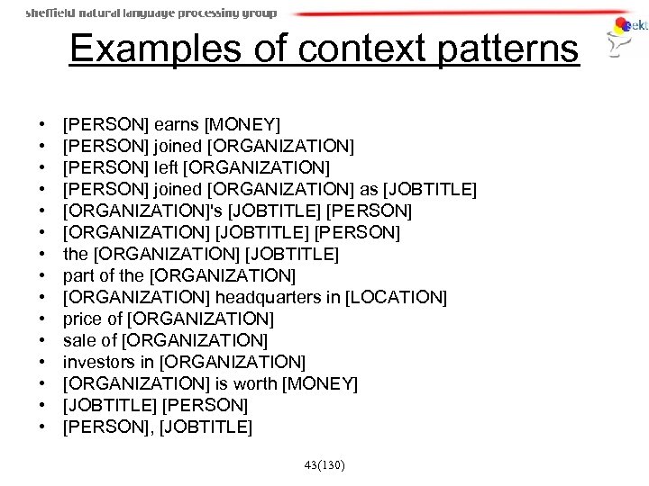 Examples of context patterns • • • • [PERSON] earns [MONEY] [PERSON] joined [ORGANIZATION]