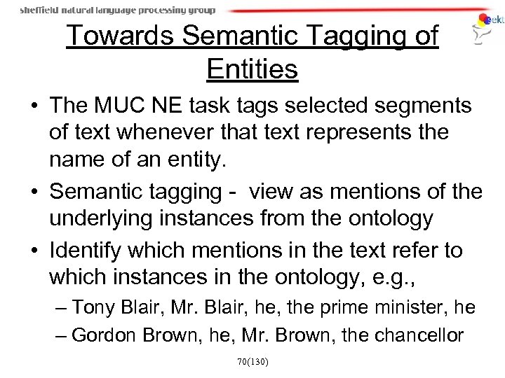 Towards Semantic Tagging of Entities • The MUC NE task tags selected segments of