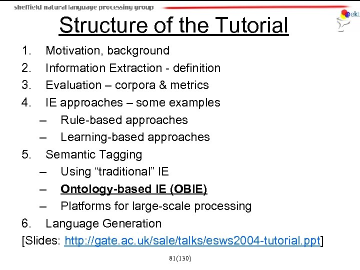 Structure of the Tutorial 1. 2. 3. 4. Motivation, background Information Extraction - definition