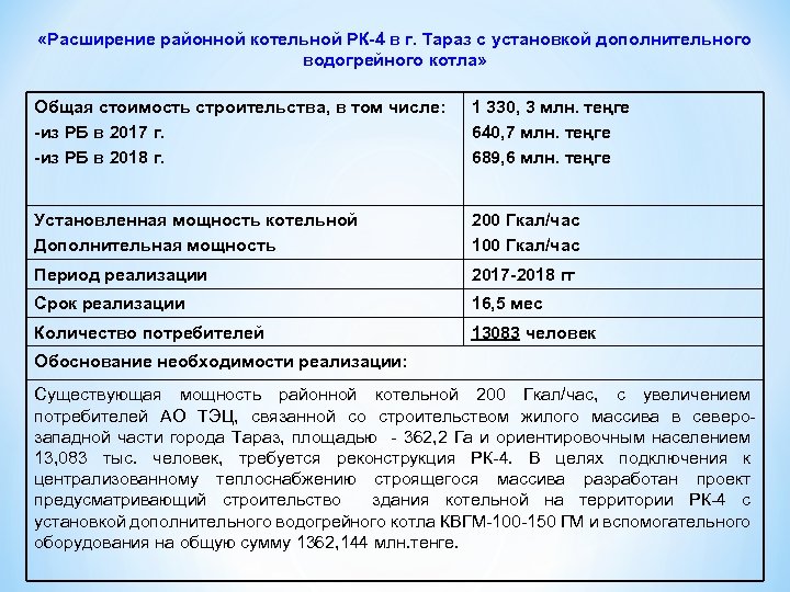  «Расширение районной котельной РК-4 в г. Тараз с установкой дополнительного водогрейного котла» Общая