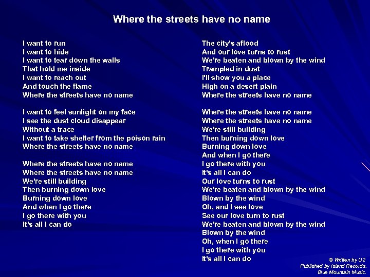 Where the streets have no name I want to run I want to hide