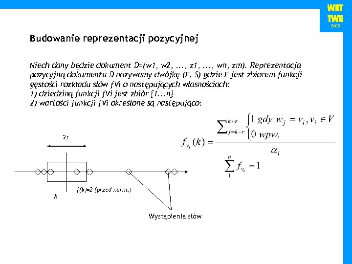 WUT TWG 2005 Budowanie reprezentacji pozycyjnej Niech dany będzie dokument D=(w 1, w 2,