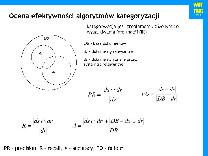 Ocena efektywności algorytmów kategoryzacji kategoryzacja jest problemem zbliżonym do wyszukiwania informacji (IR) DB DB