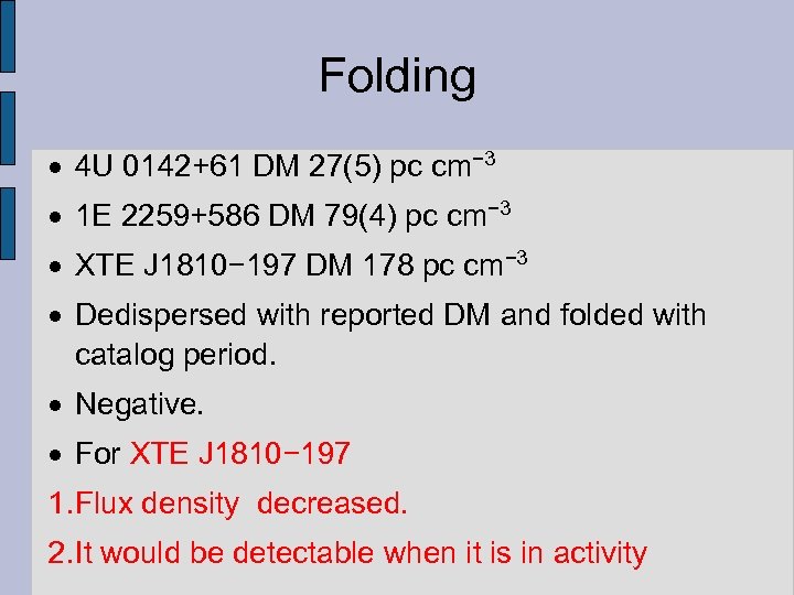 Folding 4 U 0142+61 DM 27(5) pc cm− 3 1 E 2259+586 DM 79(4)