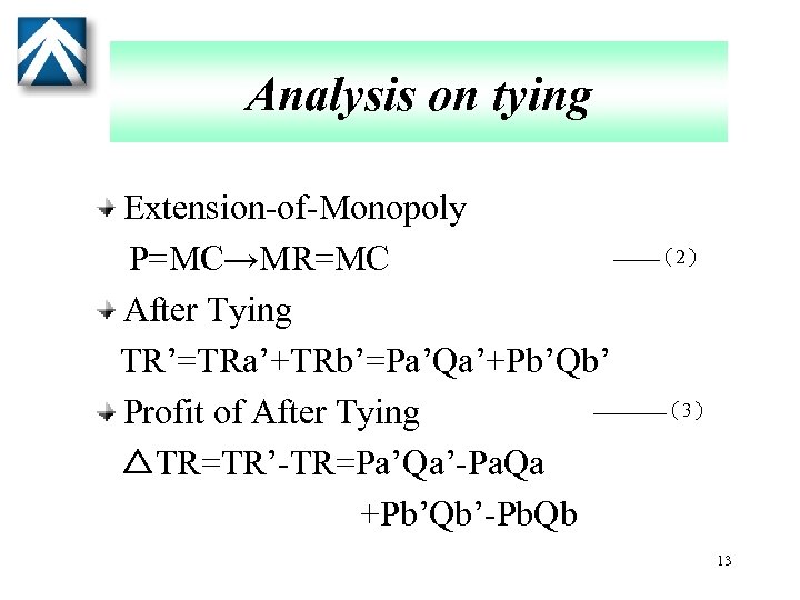 Analysis on tying Extension-of-Monopoly P=MC→MR=MC After Tying TR’=TRa’+TRb’=Pa’Qa’+Pb’Qb’ Profit of After Tying △TR=TR’-TR=Pa’Qa’-Pa. Qa