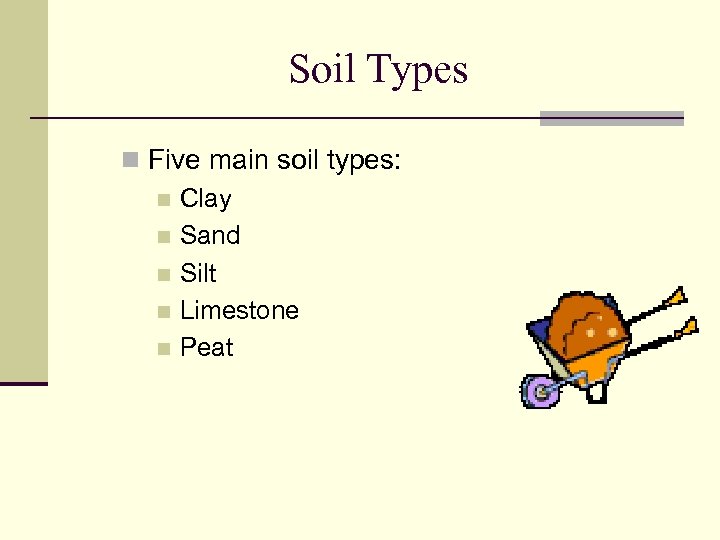 Soil Types n Five main soil types: n Clay n Sand n Silt n