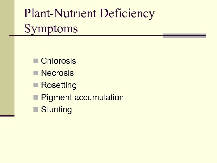 Plant-Nutrient Deficiency Symptoms n Chlorosis n Necrosis n Rosetting n Pigment accumulation n Stunting