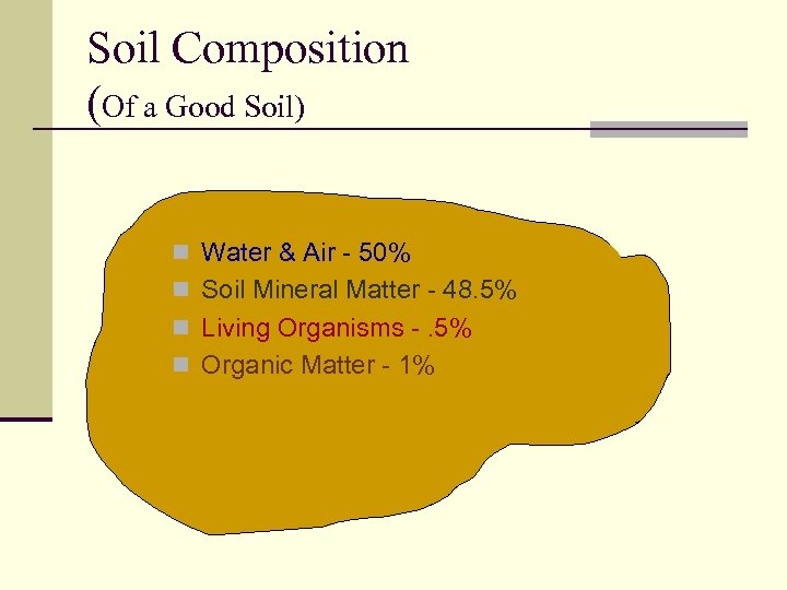 Soil Composition (Of a Good Soil) n Water & Air - 50% n Soil