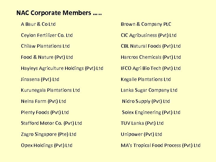 NAC Corporate Members …. . A Baur & Co Ltd Brown & Company PLC