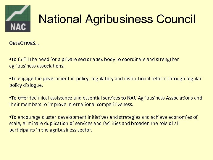 National Agribusiness Council OBJECTIVES… • To fulfill the need for a private sector apex