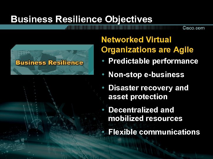 Business Resilience Objectives Networked Virtual Organizations are Agile • Predictable performance • Non-stop e-business