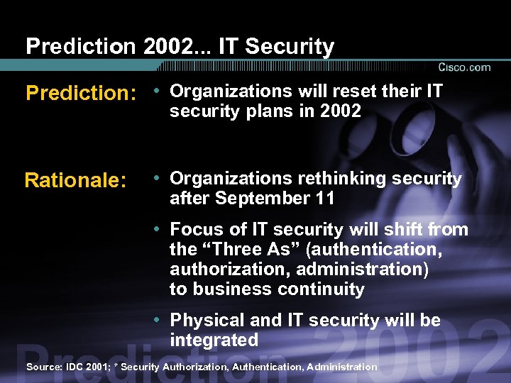 Prediction 2002. . . IT Security Prediction: • Organizations will reset their IT security
