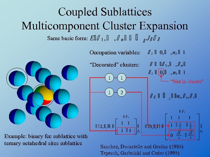 Coupled Sublattices Multicomponent Cluster Expansion Same basic form: Occupation variables: “Decorated” clusters: 1 1