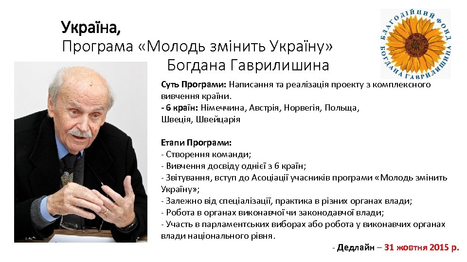Україна, Програма «Молодь змінить Україну» Богдана Гаврилишина Суть Програми: Написання та реалізація проекту з