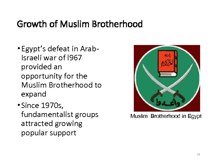 Growth of Muslim Brotherhood • Egypt’s defeat in Arab. Israeli war of l 967