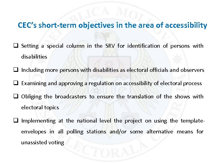 CEC’s short-term objectives in the area of accessibility q Setting a special column in
