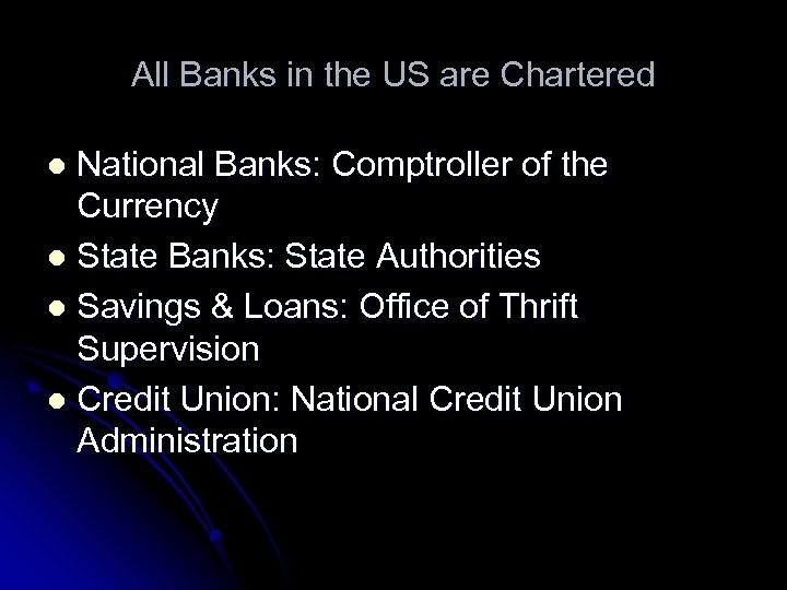 All Banks in the US are Chartered National Banks: Comptroller of the Currency l