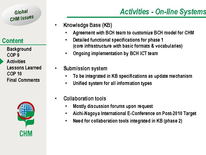 Global es CHM Issu Activities - On-line Systems • • • Content Background COP