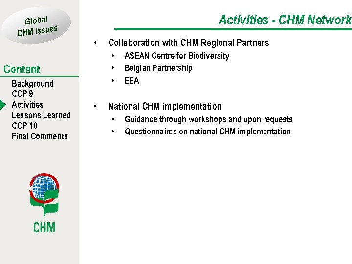 Global es CHM Issu Activities - CHM Network • • Content Background COP 9