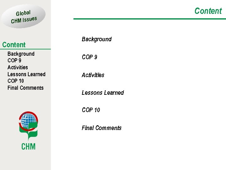 Content Global es CHM Issu Content Background COP 9 Activities Lessons Learned COP 10