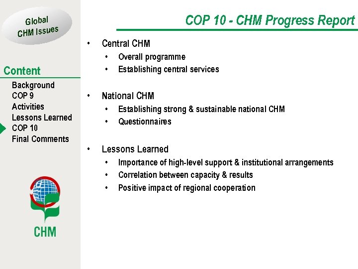 Global es CHM Issu COP 10 - CHM Progress Report • • • Content