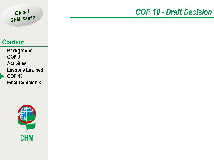 Global es CHM Issu Content Background COP 9 Activities Lessons Learned COP 10 Final