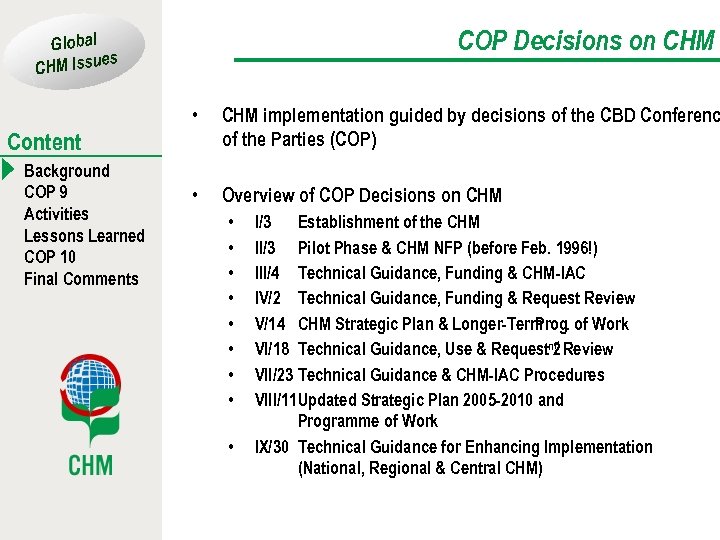 COP Decisions on CHM Global es CHM Issu • CHM implementation guided by decisions