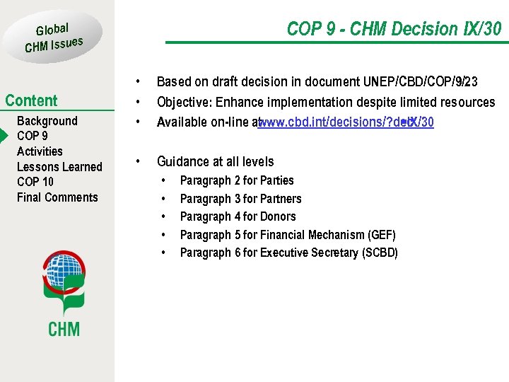 COP 9 - CHM Decision IX/30 Global es CHM Issu Content Background COP 9