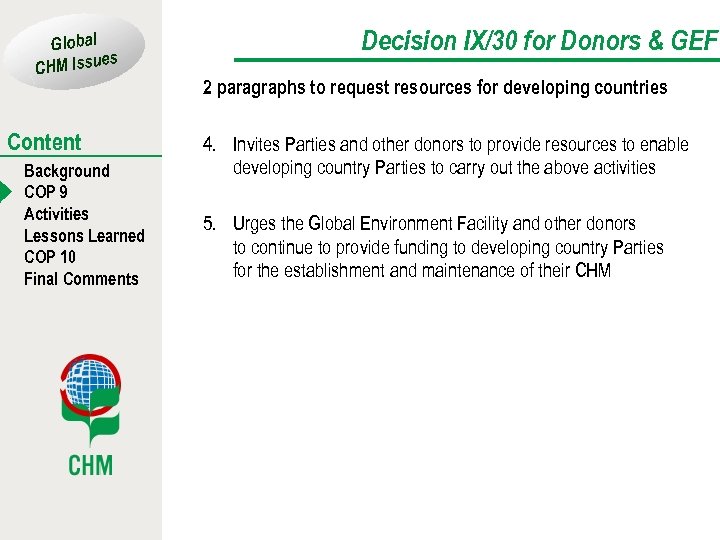 Global es CHM Issu Content Background COP 9 Activities Lessons Learned COP 10 Final