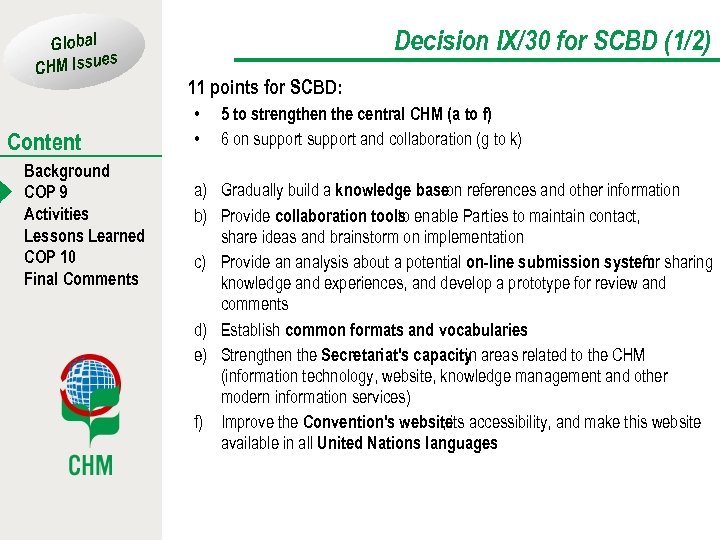 Global es CHM Issu Content Background COP 9 Activities Lessons Learned COP 10 Final