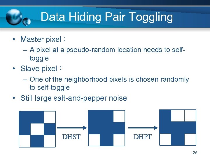 Data Hiding Pair Toggling • Master pixel： – A pixel at a pseudo-random location