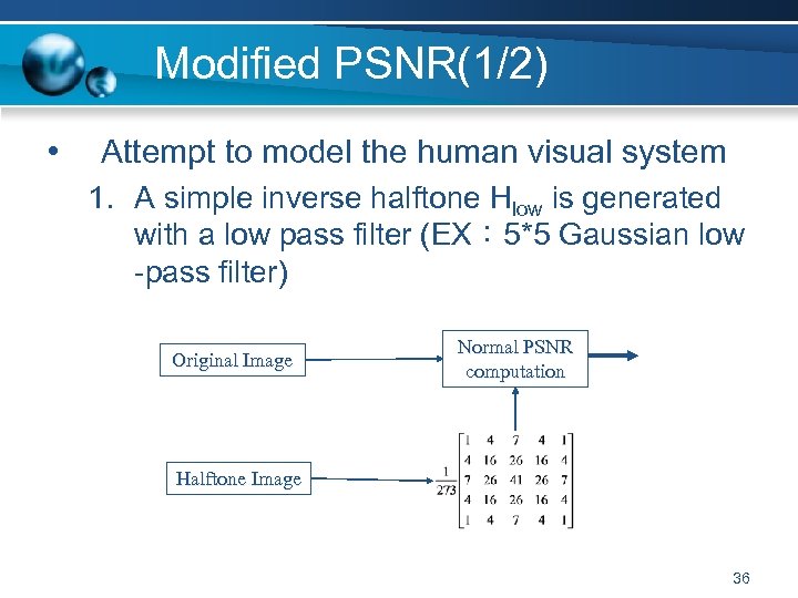 Modified PSNR(1/2) • Attempt to model the human visual system 1. A simple inverse