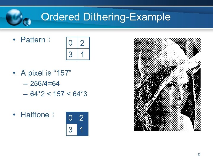 Ordered Dithering-Example • Pattern： 0 2 3 1 • A pixel is “ 157”