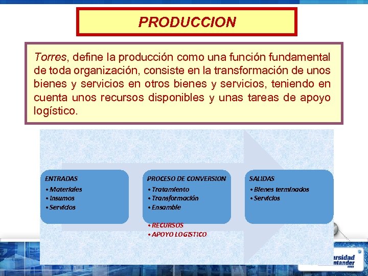 PRODUCCION Torres, define la producción como una función fundamental de toda organización, consiste en