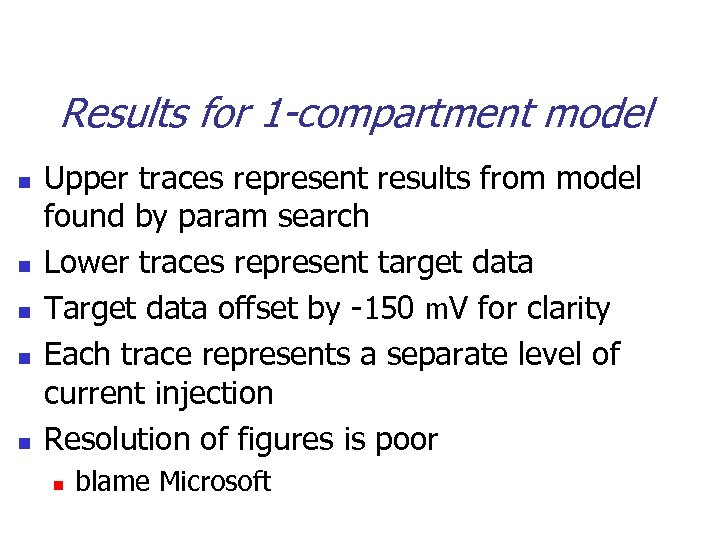 Results for 1 -compartment model n n n Upper traces represent results from model