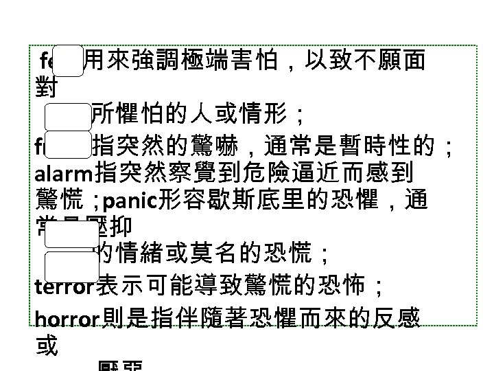 fear用來強調極端害怕，以致不願面 對 所懼怕的人或情形； fright指突然的驚嚇，通常是暫時性的； alarm指突然察覺到危險逼近而感到 驚慌； panic形容歇斯底里的恐懼，通 常是壓抑 的情緒或莫名的恐慌； terror表示可能導致驚慌的恐怖； horror則是指伴隨著恐懼而來的反感 或 