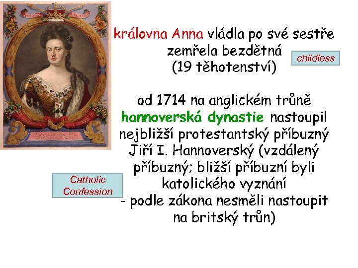 královna Anna vládla po své sestře zemřela bezdětná childless (19 těhotenství) Catholic Confession od