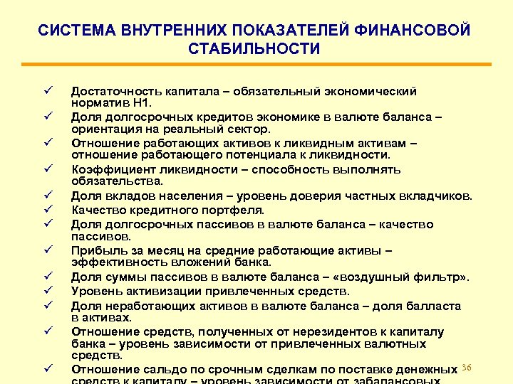 СИСТЕМА ВНУТРЕННИХ ПОКАЗАТЕЛЕЙ ФИНАНСОВОЙ СТАБИЛЬНОСТИ ü ü ü ü Достаточность капитала – обязательный экономический