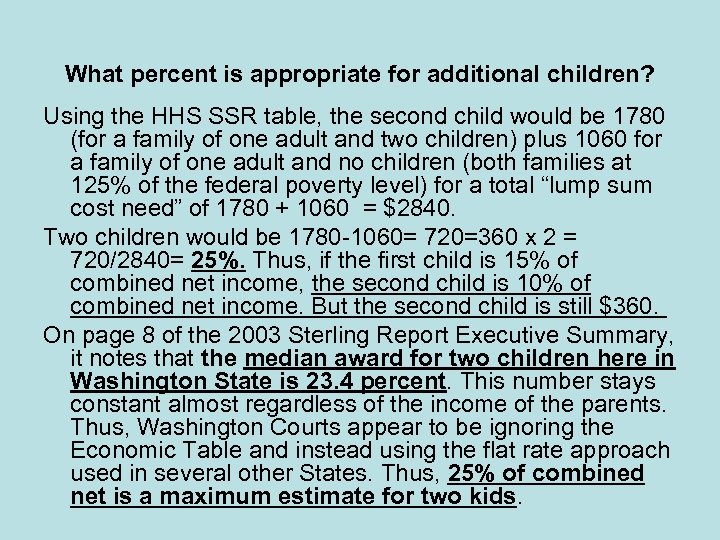 What percent is appropriate for additional children? Using the HHS SSR table, the second